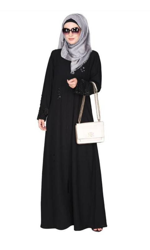 Rich Hand Embroidered Front Open Black Abaya With Intricate Motif Of Glittering Black Beads