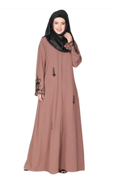 Rich Hand Embroidered Front Open Brown Abaya With Itricate Motif Of Glittering Black Beads