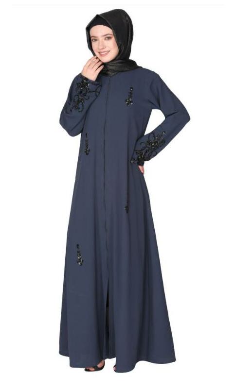 Rich Hand Embroidered Front Open Dark Grey Abaya With Itricate Motif Of Glittering Black Beads