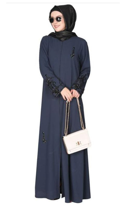 Rich Hand Embroidered Front Open Dark Grey Abaya With Itricate Motif Of Glittering Black Beads