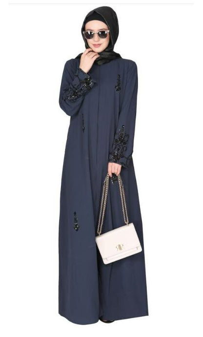 Rich Hand Embroidered Front Open Dark Grey Abaya With Itricate Motif Of Glittering Black Beads
