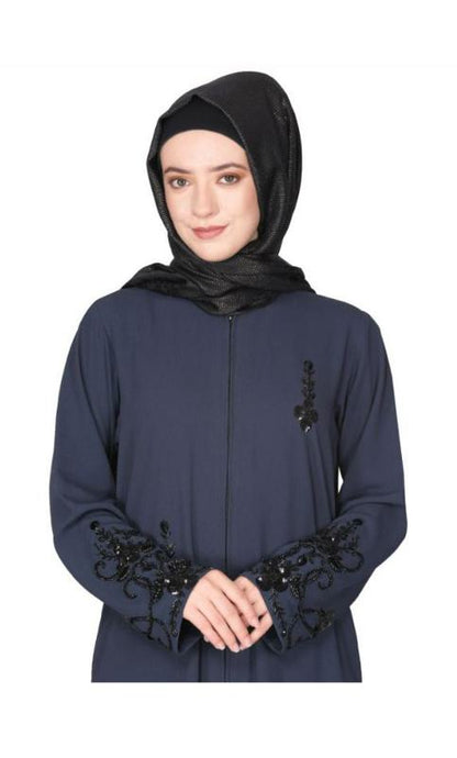 Rich Hand Embroidered Front Open Dark Grey Abaya With Itricate Motif Of Glittering Black Beads