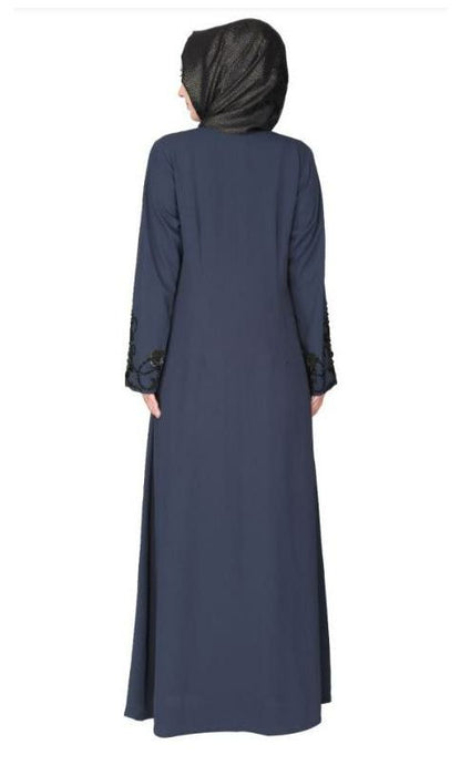Rich Hand Embroidered Front Open Dark Grey Abaya With Itricate Motif Of Glittering Black Beads