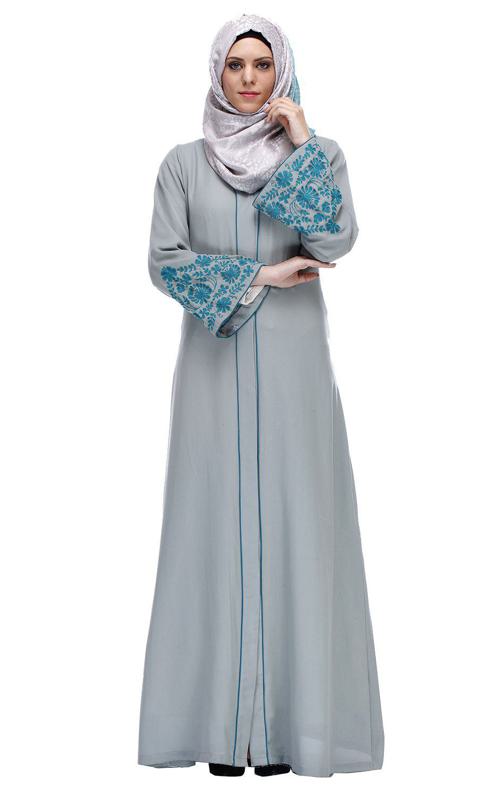 Sage Green Abaya With Thread Embroidery (Made-To-Order)