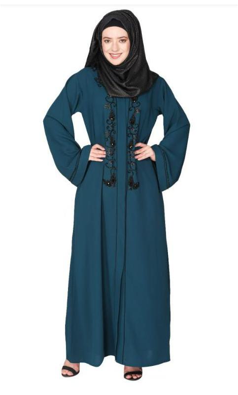 Scintillating Jet Black Beaded Embroidered Front Open Bottle Green Abaya