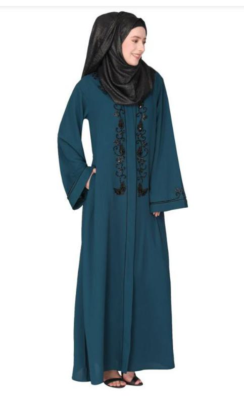 Scintillating Jet Black Beaded Embroidered Front Open Bottle Green Abaya