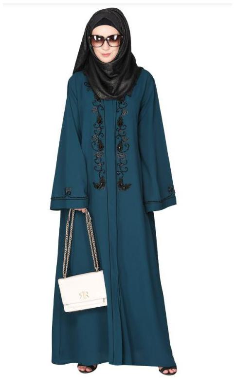 Scintillating Jet Black Beaded Embroidered Front Open Bottle Green Abaya