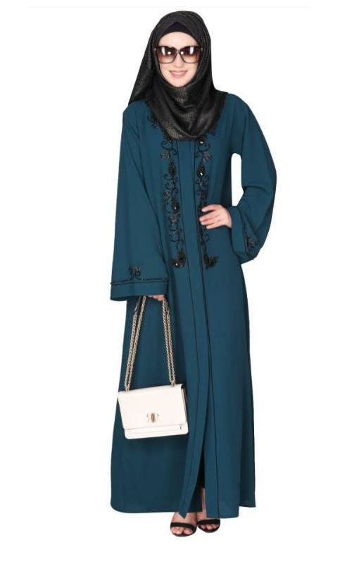 Scintillating Jet Black Beaded Embroidered Front Open Bottle Green Abaya