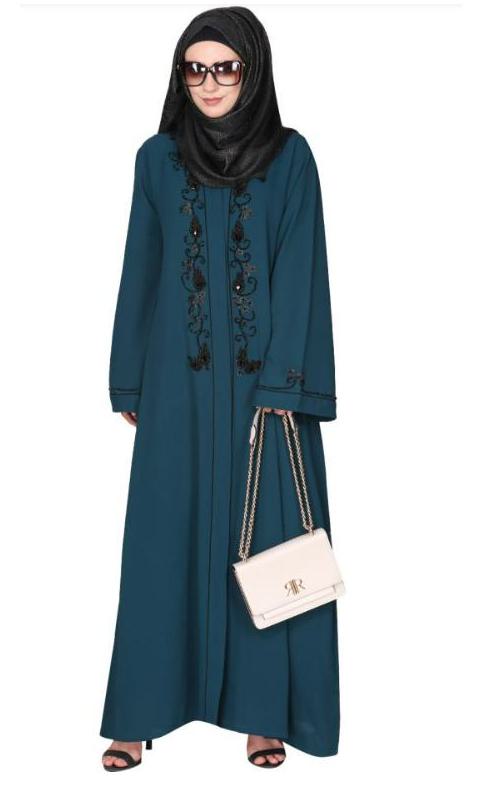 Scintillating Jet Black Beaded Embroidered Front Open Bottle Green Abaya