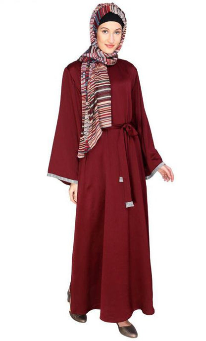 Shimmer Trimmed Wine Dubai Style Abaya