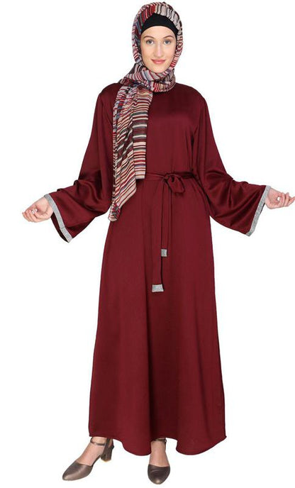 Shimmer Trimmed Wine Dubai Style Abaya (Made-To-Order)