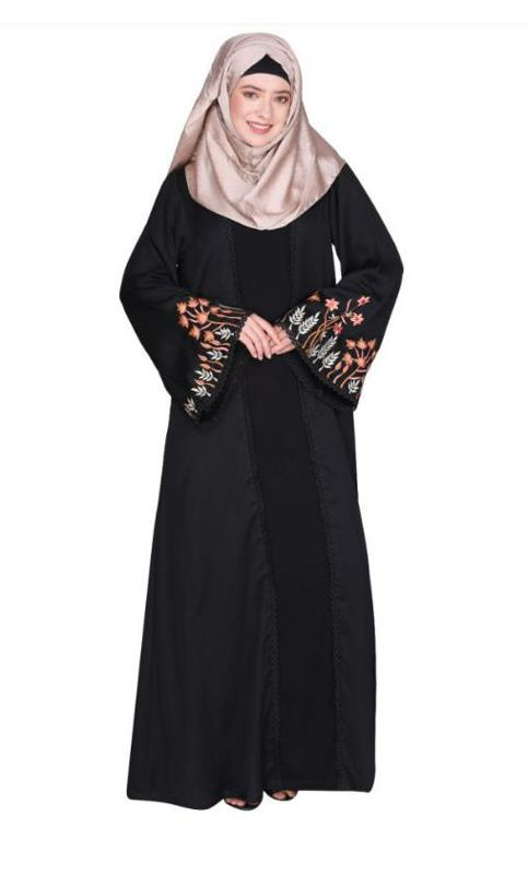 Shrug Style Lovely Buds and Flowers Embroidered Front Close Black Abaya