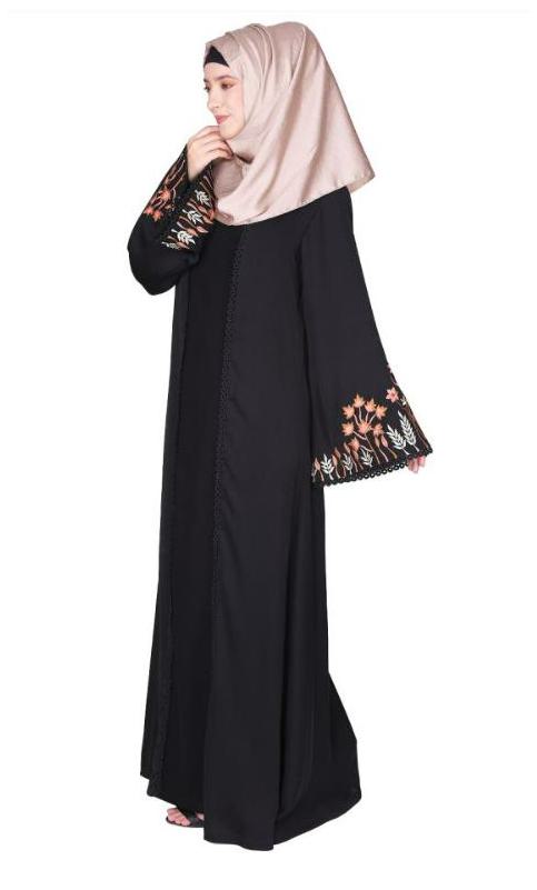 Shrug Style Lovely Buds and Flowers Embroidered Front Close Black Abaya