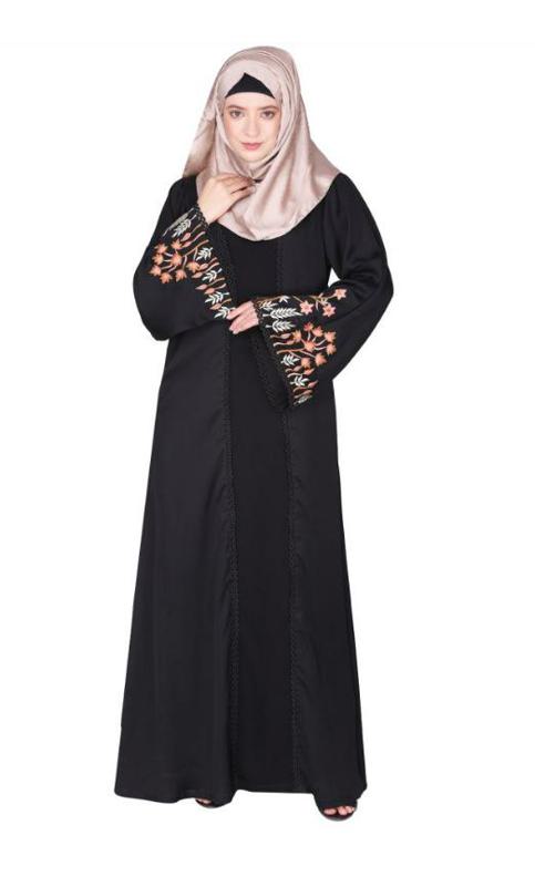 Shrug Style Lovely Buds and Flowers Embroidered Front Close Black Abaya