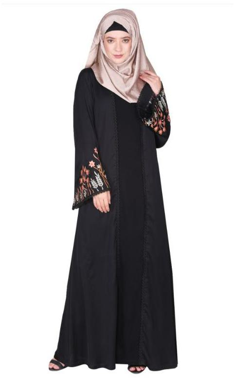 Shrug Style Lovely Buds and Flowers Embroidered Front Close Black Abaya