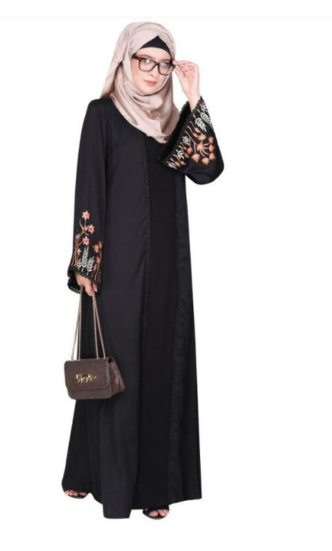 Shrug Style Lovely Buds and Flowers Embroidered Front Close Black Abaya