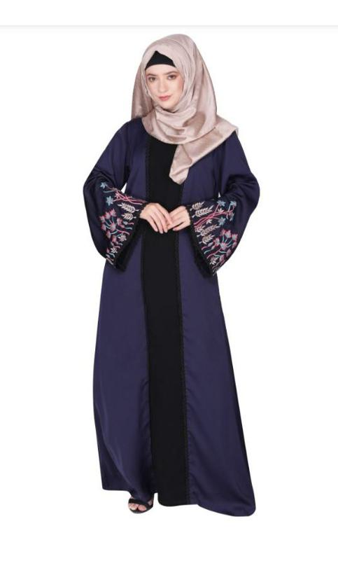 Shrug Style Lovely Buds and Flowers Embroidered Front Close Blue Abaya