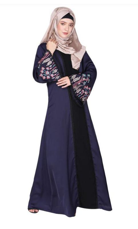 Shrug Style Lovely Buds and Flowers Embroidered Front Close Blue Abaya