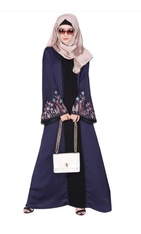 Shrug Style Lovely Buds and Flowers Embroidered Front Close Blue Abaya