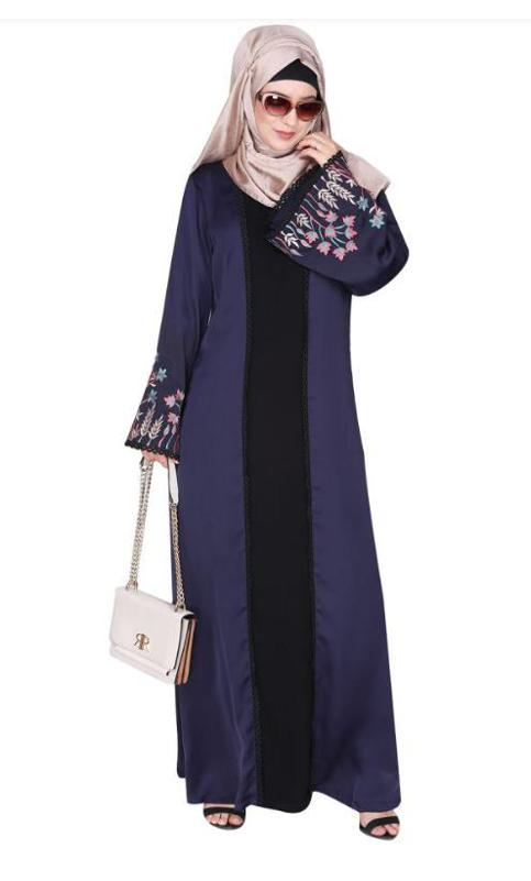 Shrug Style Lovely Buds and Flowers Embroidered Front Close Blue Abaya