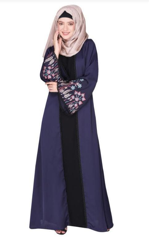 Shrug Style Lovely Buds and Flowers Embroidered Front Close Blue Abaya