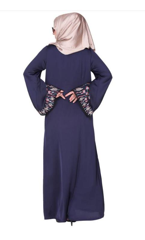 Shrug Style Lovely Buds and Flowers Embroidered Front Close Blue Abaya