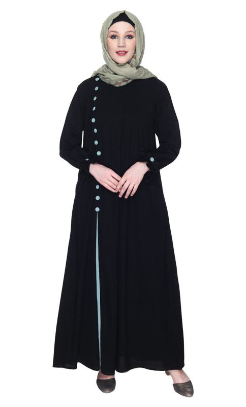 Sleek Looking Black And Sage Green Slit Style Abaya (Made-To-Order)