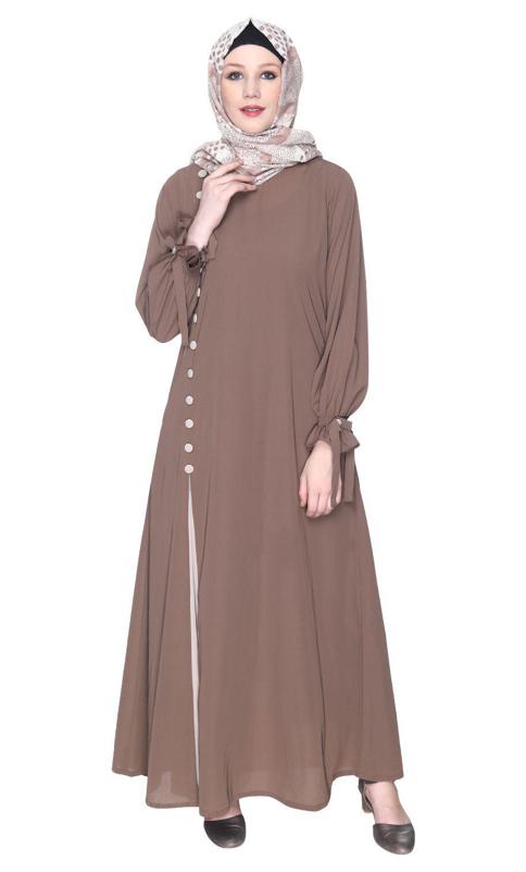 Sleek Looking Brown And Light Beige Slit Style Abaya