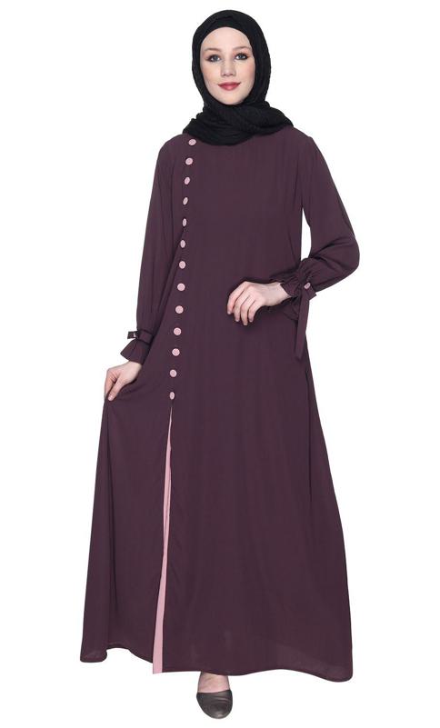 Sleek Looking Purple And Light Pink Slit Style Abaya