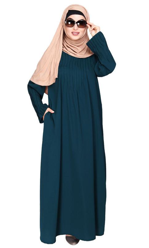 Sleek and Simple Bottle Green Abaya with Pintuck Detailing (Made-To-Order)