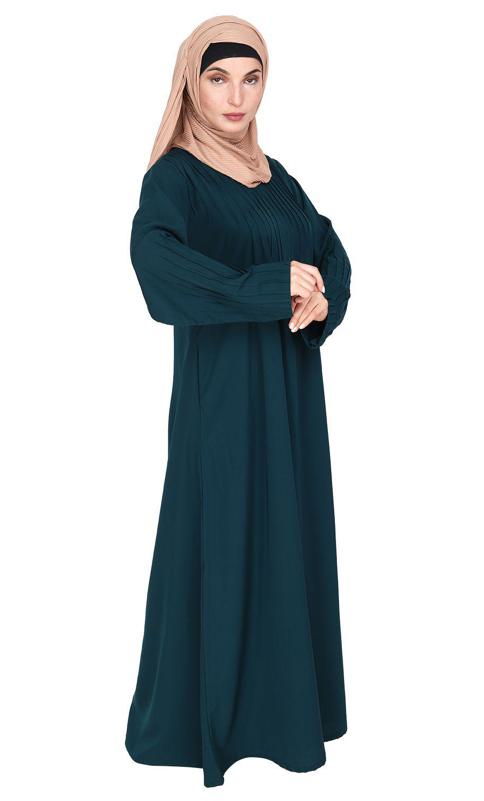 Sleek and Simple Bottle Green Abaya with Pintuck Detailing (Made-To-Order)