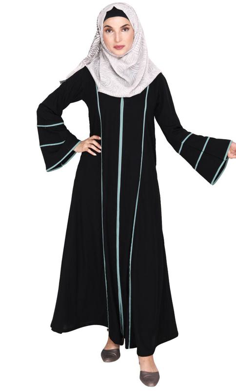 Snazzy Black Abaya with Sage Green Piping Design