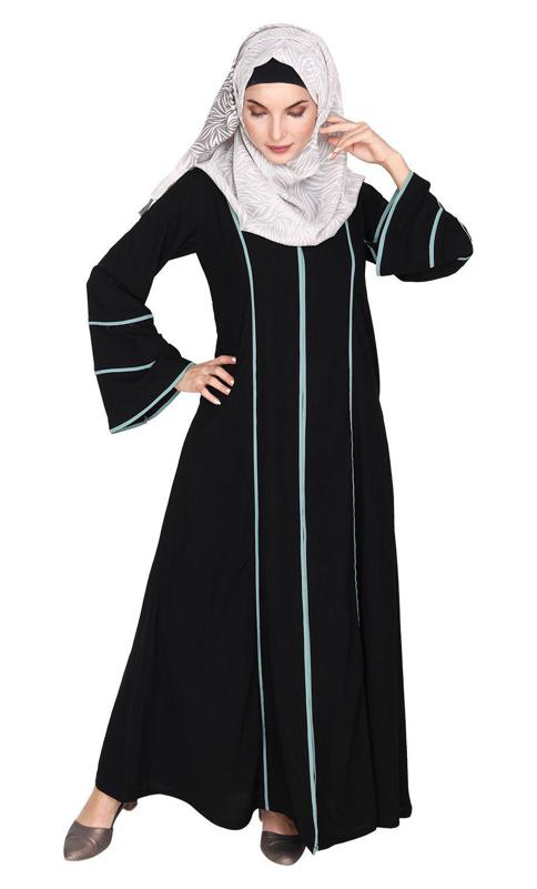 Snazzy Black Abaya with Sage Green Piping Design