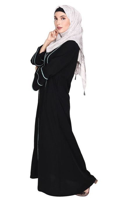 Snazzy Black Abaya with Sage Green Piping Design (Made-To-Order)
