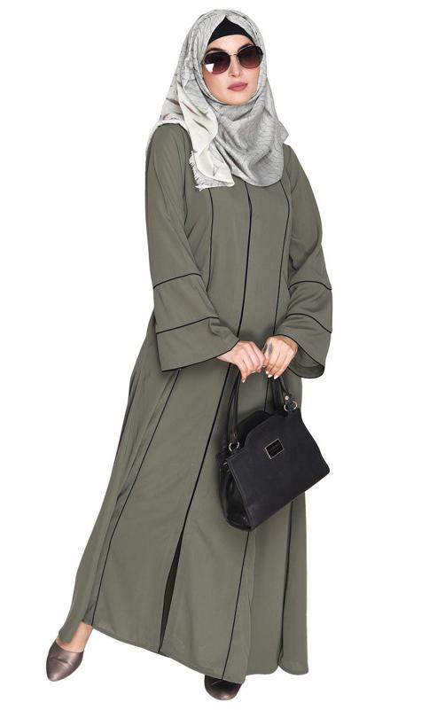 Snazzy Dead Mint Abaya with Black Piping Design (Made-To-Order)