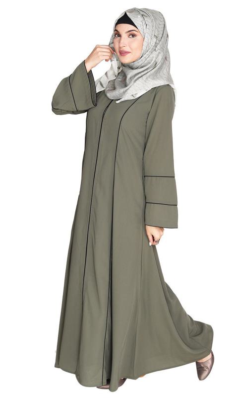 Snazzy Dead Mint Abaya with Black Piping Design (Made-To-Order)