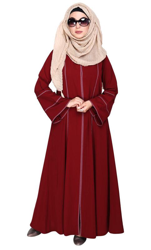 Snazzy Maroon Abaya with Onion Pink Piping Design (Made-To-Order)