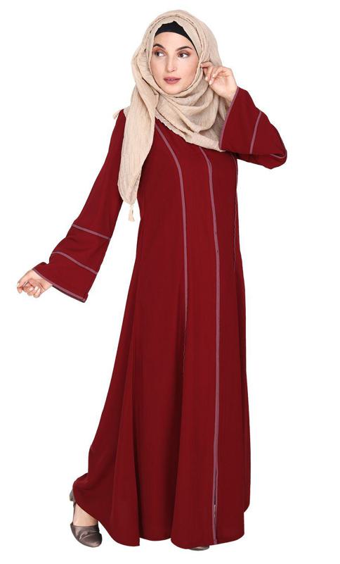 Snazzy Maroon Abaya with Onion Pink Piping Design (Made-To-Order)