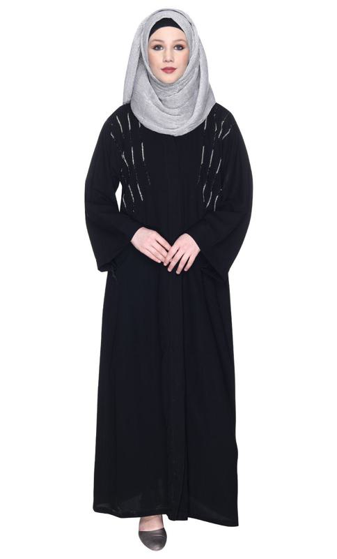 Spell-Binding Black Four Line Hand Embroidered Abaya (Made-To-Order)