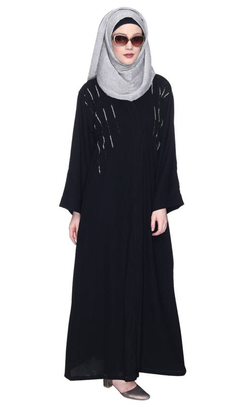 Spell-Binding Black Four Line Hand Embroidered Abaya (Made-To-Order)