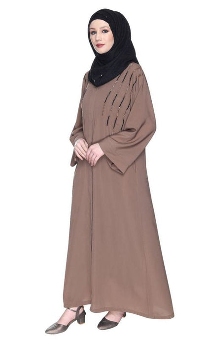 Spell-Binding Oak Brown Four Line Hand Embroidered Abaya (Made-To-Order)