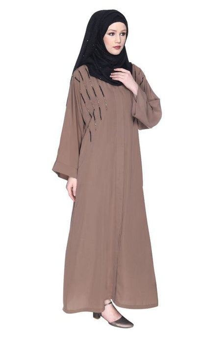 Spell-Binding Oak Brown Four Line Hand Embroidered Abaya