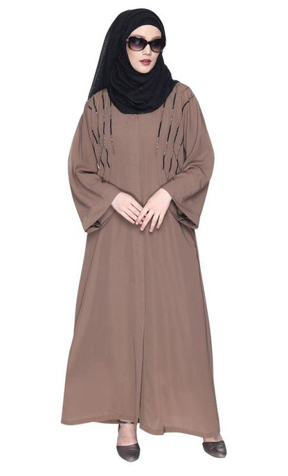Spell-Binding Oak Brown Four Line Hand Embroidered Abaya (Made-To-Order)