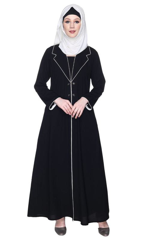 Stylish Black Coat Style Abaya With White Piping (Made-To-Order)