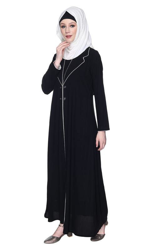 Stylish Black Coat Style Abaya With White Piping (Made-To-Order)