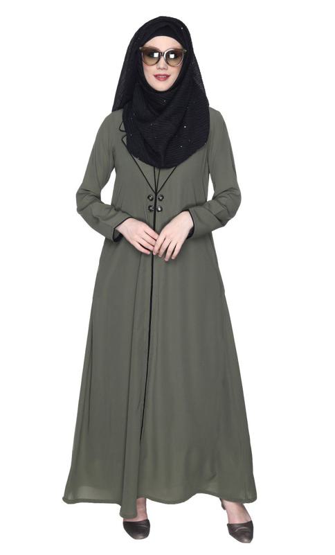 Stylish Dead Mint Coat Style Abaya With White Piping
