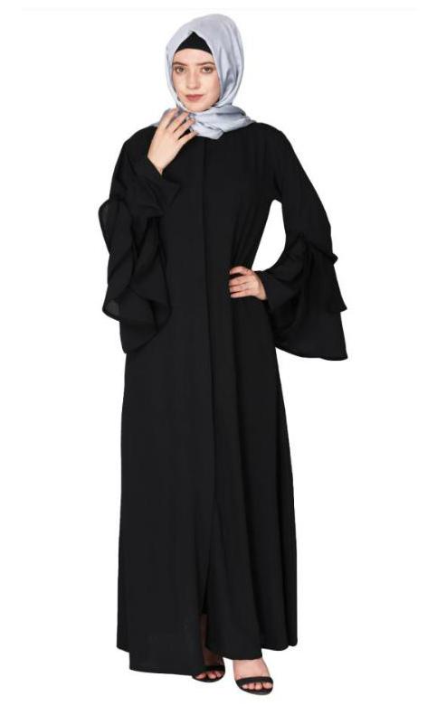 Stylish Frill Sleeves Black Front Open Abaya