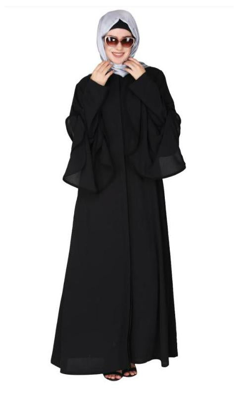Stylish Frill Sleeves Black Front Open Abaya