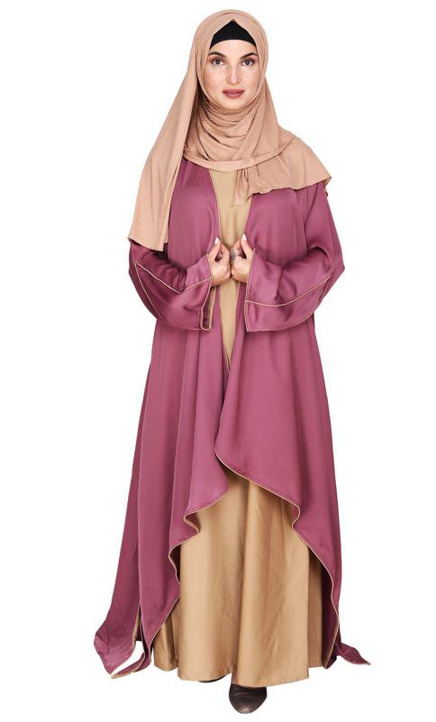 Stylish Onion Pink Shrug and Plain Beige Abaya Set