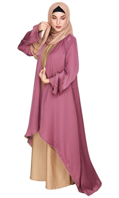 Stylish Onion Pink Shrug and Plain Beige Abaya Set